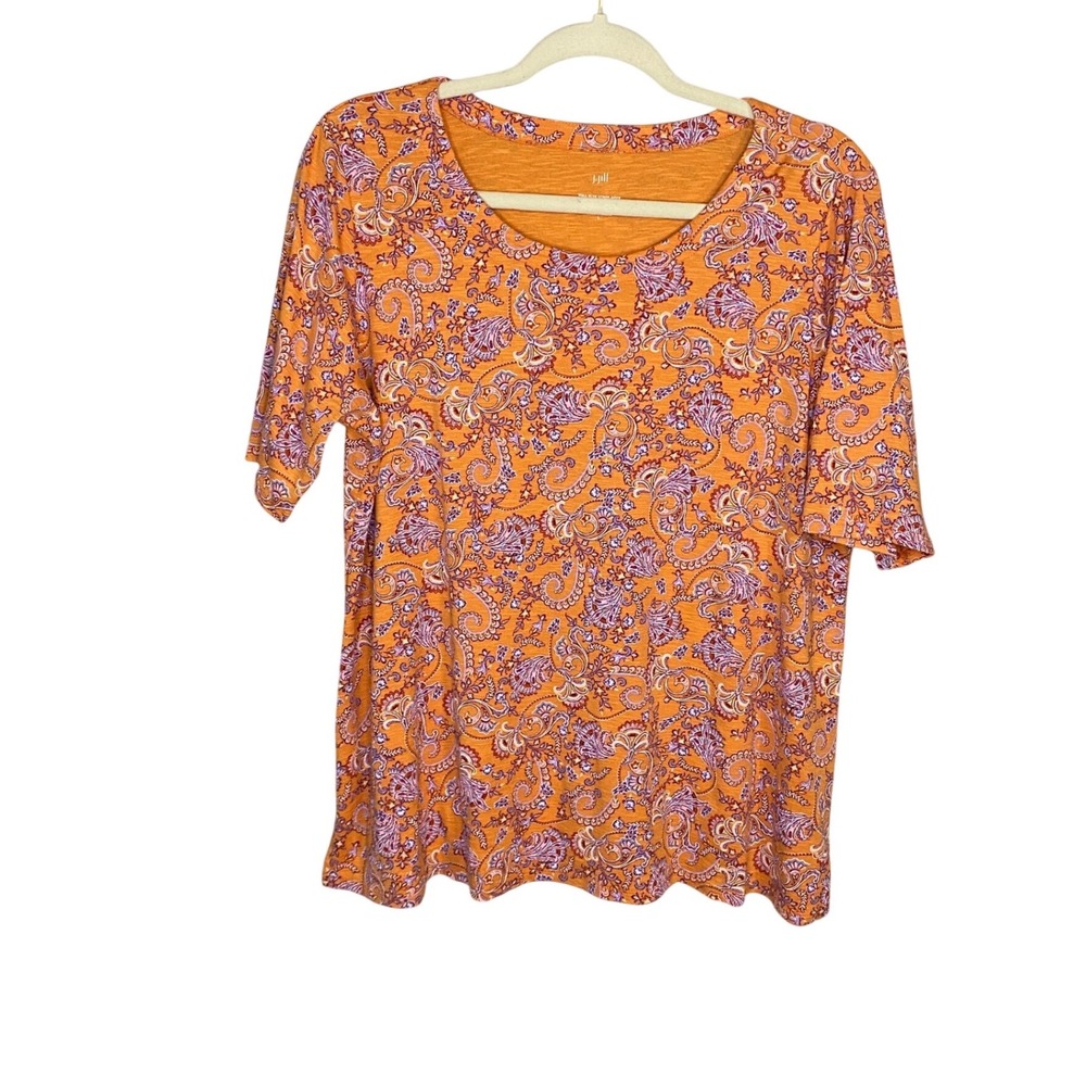 J. Jill‎ Pima Slub Scoop Neck Side Slit Tee Orange Paisley Cotton Top Womens L